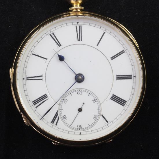 A Victorian 18ct gold keywind lever pocket watch on a 10ct gold albert with a mounted gold 1791 spade guinea,